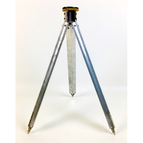 122 - An early to mid 20th century French telescopic tripod, each of the three legs with five slides, stam... 