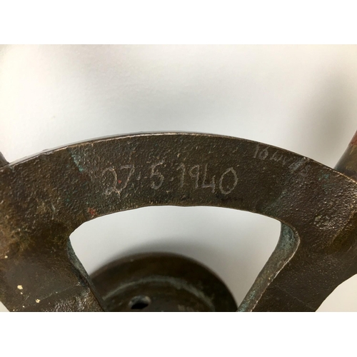 125 - A WWII Dunkirk boat wheel, 38.5 by 8cm, from the boat 'Felicity' inscribed 'Dunkirk' as well as '27/... 