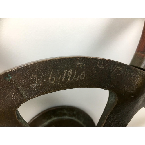 125 - A WWII Dunkirk boat wheel, 38.5 by 8cm, from the boat 'Felicity' inscribed 'Dunkirk' as well as '27/... 