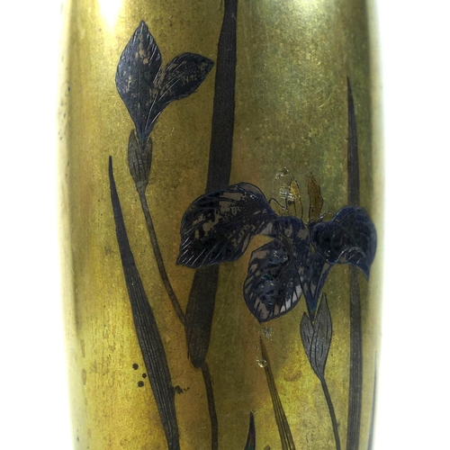 13 - A Japanese bronze vase, Meiji period, by 'Mitsutoshi', of slender shouldered tapering form, inlaid m... 