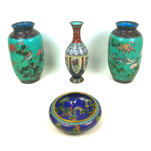 14 - Four pieces of Oriental cloisonne, comprising a Chinese bowl, Republic period, with large four chara... 