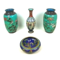 Four pieces of Oriental cloisonne, comprising a Chinese bowl, Republic period, with large four chara... 