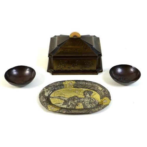 15 - A group of Japanese metal items, comprising an early 20th century bronze cigarette box, of rectangul... 