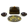 A group of Japanese metal items, comprising an early 20th century bronze cigarette box, of rectangul... 