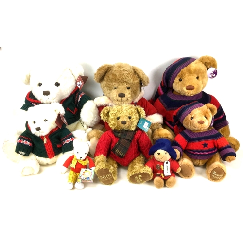 161 - Eight soft toy teddy bears, comprising six Harrods Christmas bears, a large 2004 Thomas bear, 53cm h... 
