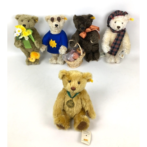 164 - A group of five Steiff soft toy teddy bears, comprising a Winter bear, 35cm high, an Autumn bear, 34... 