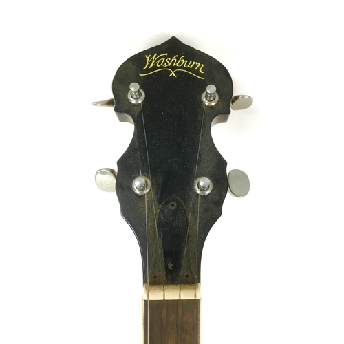 174 - A late 20th century Washburn banjo, single dot pearloid inlaid fretboard, strap and soft case.