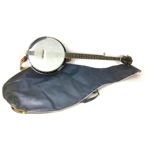 174 - A late 20th century Washburn banjo, single dot pearloid inlaid fretboard, strap and soft case.