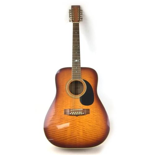 175 - A Marlin 12 string acoustic guitar, model number MF2-7-12, with soft case.