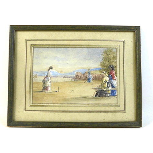 184 - British School (late 19th century): ladies playing croquet on the beach, unsigned, watercolour, 14 b... 