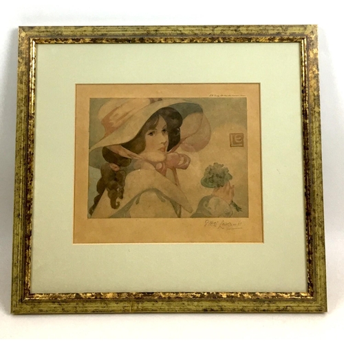 193 - After Ethel Larcombe (British, 1876-1940): an Art Nouveau print of a lady in bonnet holding a posey,... 