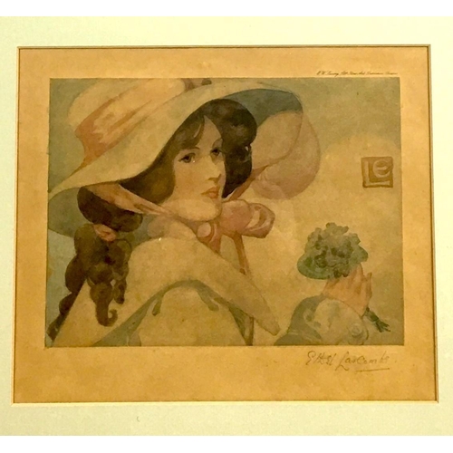 193 - After Ethel Larcombe (British, 1876-1940): an Art Nouveau print of a lady in bonnet holding a posey,... 