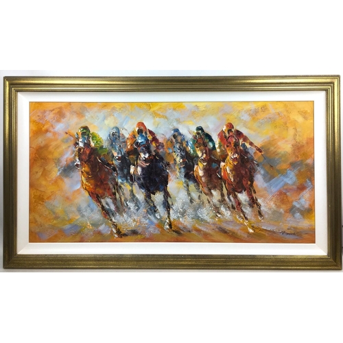 202 - Robert Sandford (American, 20th century): 'Races horses', signed, titled verso, oil on canvas, 60 by... 