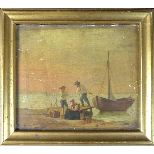 210 - Danish School (19th century): figures on shoreline with sailing boat, unsigned, with handwritten tex... 