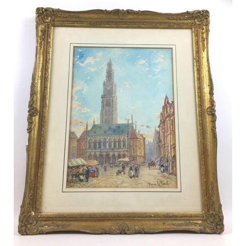 213 - Pierre le Boeuf (French, 19th century): French market place watercolour, signed, 38 by 28cm, mounted... 