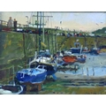 Ken Howard RA RWS NEAC (British, b. 1932): 'Newlyn', depicting boats by the harbour wall at low tide... 