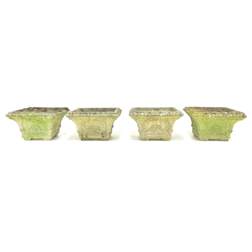 274 - Four Minster square topped stoneware garden planters with tapered sides decorated with shells, 40.5 ... 