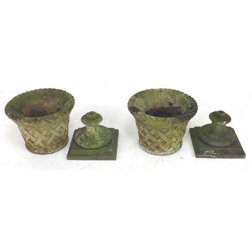 277 - Two stoneware garden urn planters decorated with a woven rush effect with associated bases, urns, 40... 