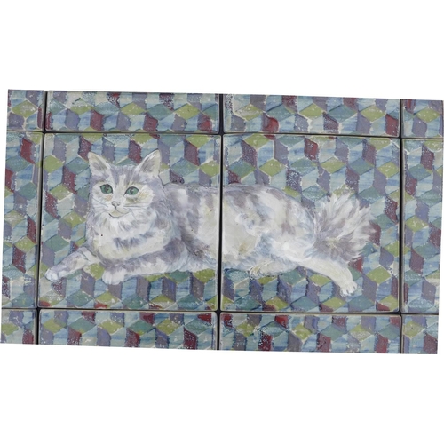 28 - A Highland Stoneware pottery tile panel of a cat, made up of several tiles, unsigned with a geometri... 
