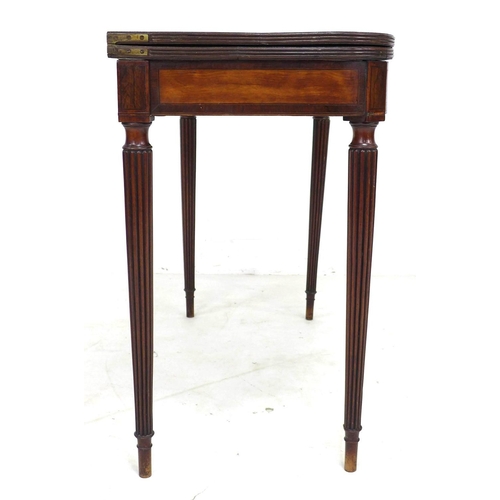 310 - An early 19th century mahogany card table, of D form, the fold over surface with crossbanding, green... 