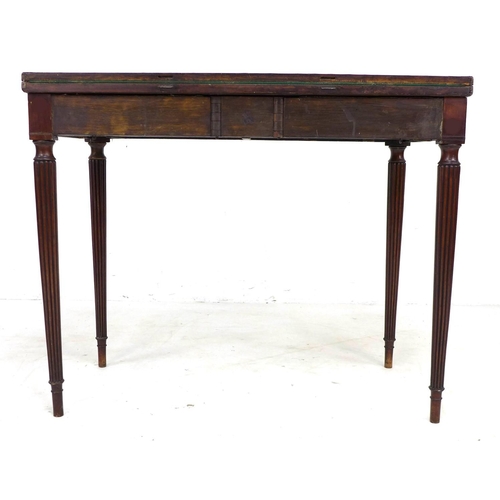 310 - An early 19th century mahogany card table, of D form, the fold over surface with crossbanding, green... 