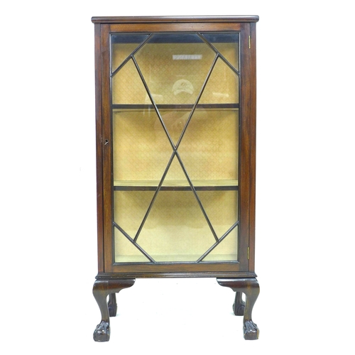 317 - An Edwardian mahogany display cabinet, with astragal glazed single door, two shelves, raised upon ca... 