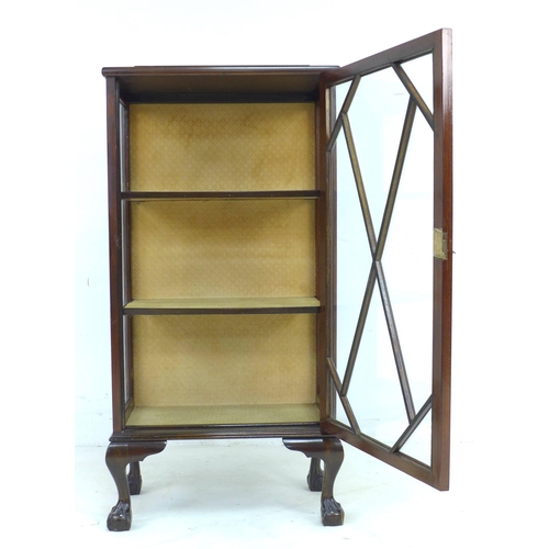 317 - An Edwardian mahogany display cabinet, with astragal glazed single door, two shelves, raised upon ca... 