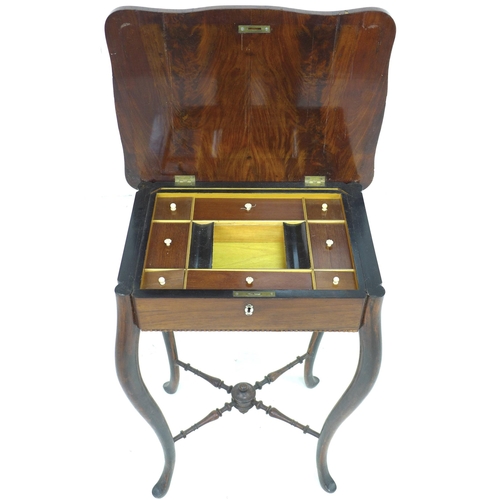 329 - A late 19th century Continental rosewood veneered work box or sewing table, the lift surface with sh... 