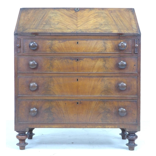 336 - A Victorian mahogany bureau, fall front and fitted interior with five drawers with bone handles, abo... 