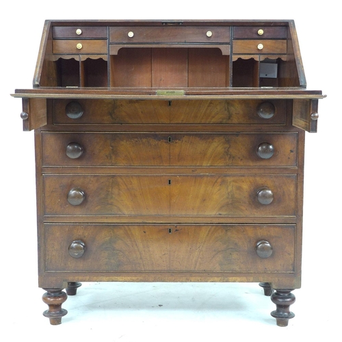 336 - A Victorian mahogany bureau, fall front and fitted interior with five drawers with bone handles, abo... 