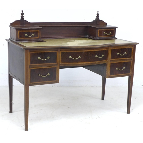 339 - An Edwardian mahogany, line inlaid and crossbanded desk, upstand with two trinket drawers over a gil... 