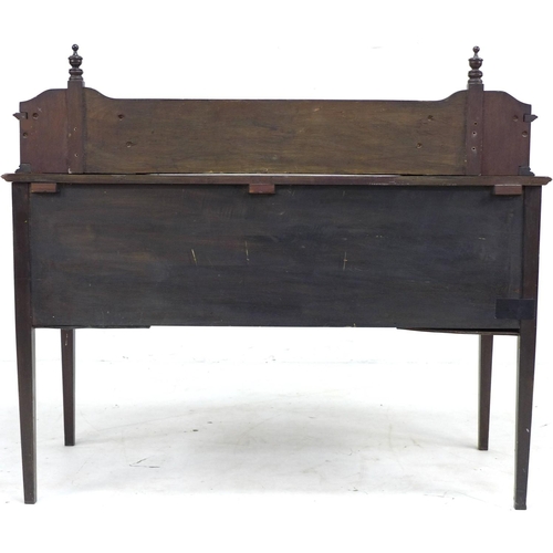 339 - An Edwardian mahogany, line inlaid and crossbanded desk, upstand with two trinket drawers over a gil... 