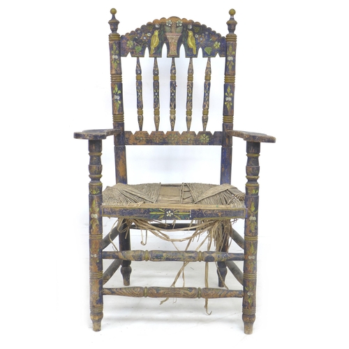 342 - A Spanish painted rush seated open armchair, early 20th century, with shaped open arms and ladder ba... 