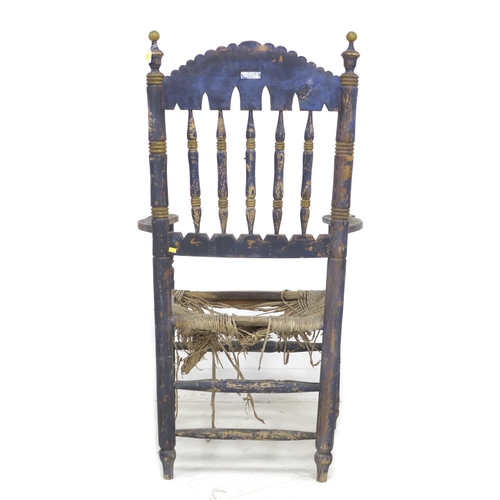 342 - A Spanish painted rush seated open armchair, early 20th century, with shaped open arms and ladder ba... 