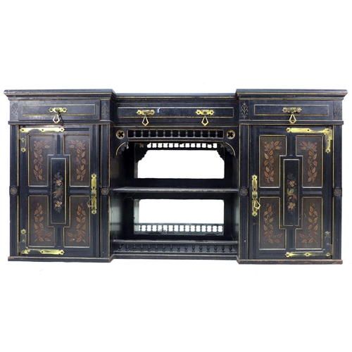 346 - A Victorian Gothic breakfront sideboard, ebonised and gilt highlighted, three frieze drawers with br... 