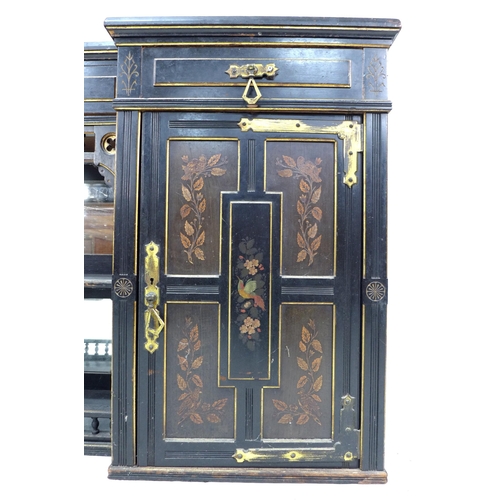 346 - A Victorian Gothic breakfront sideboard, ebonised and gilt highlighted, three frieze drawers with br... 