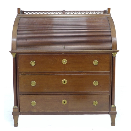 350 - A 19th century Northern Continental roll top desk, pierced three quarter gallery over a drum fronted... 