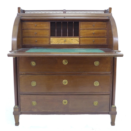 350 - A 19th century Northern Continental roll top desk, pierced three quarter gallery over a drum fronted... 