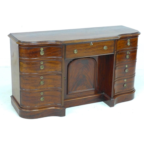 354 - A Victorian mahogany knee hole desk, of serpentine, breakfront outline, with six drawers and two cup... 