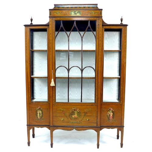 359 - An Edwardian Sheraton style satinwood veneered breakfront display cabinet, the whole with painted de...