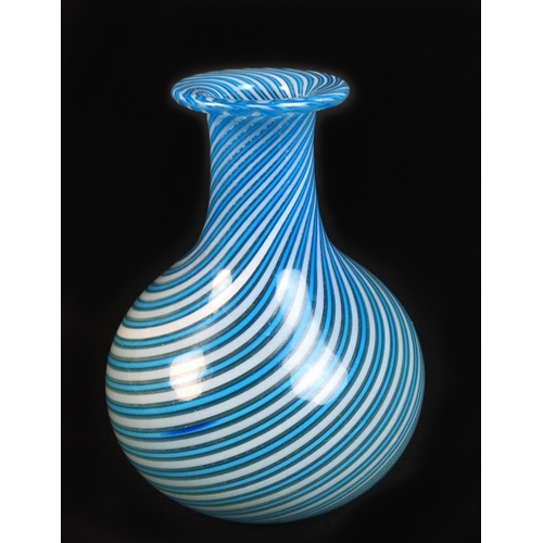 49 - A 19th century Clichy style cane work vase, in blue and white, 9.5 by 12.5cm.