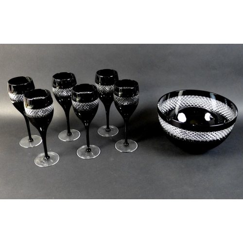 52 - A set of six modern Waterford wine glasses, deigned by John Rocha, each with black flashed surface a... 