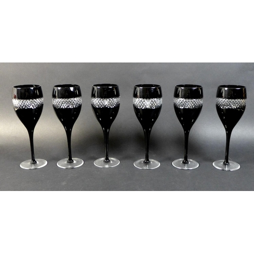 52 - A set of six modern Waterford wine glasses, deigned by John Rocha, each with black flashed surface a... 