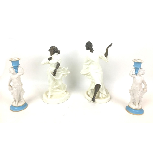 67 - A pair of Minton style neo classical style figural candlesticks, 6.5 by 20cm high, and two 1970s Min... 