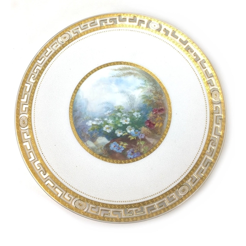 77 - A set of four late Victorian Mintons plates, decorated with hand painted scenes from nature, surroun... 