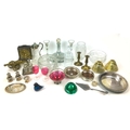 A group of silver plated and other metal and glass wares, including two wine coasters, a Kosta Boda ... 