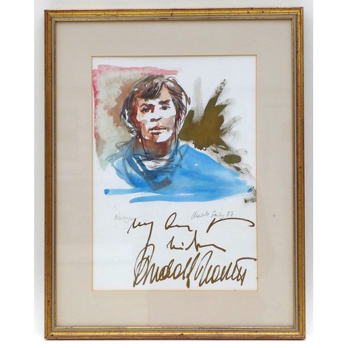 259 - Charlotte Fawley (British, 20th century): 'Nureyev', a portrait, signed in gold pen 'My Best Wishes'... 