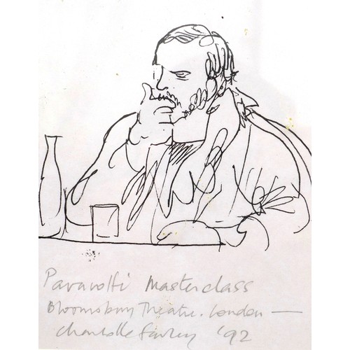 250 - Charlotte Fawley (British, 20th century): four pen and ink sketches of Luciano Pavarotti, one titled... 