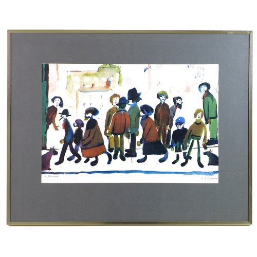 201 - After Laurence Stephen Lowry (British, 1887-1976): 'People Standing About', a colour print, signed l... 