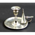 A George III silver chamber candlestick, with single scroll form handle, snuffing hood, rubbed maker... 